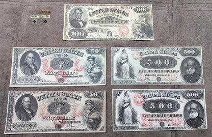 US 100 Dollar 50 Dollar  500 Dollar 1874 and 1875 Legal Tender historical notes front