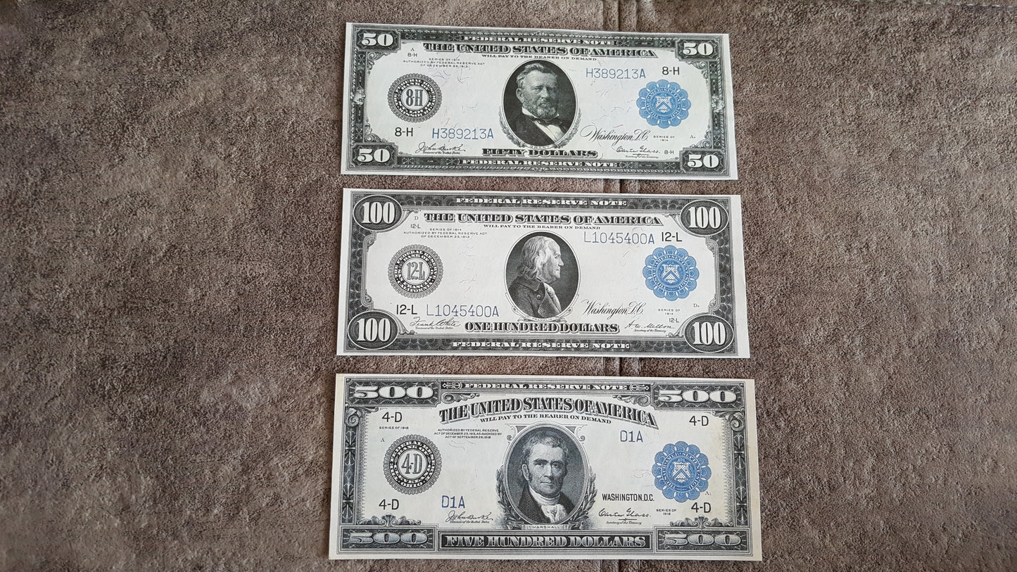US 50 Dollar Grant, 100 Dollar Franklin, and 500 Dollar John Marshall 1914-1918 Series blue seal Federal Reserve Notes front
