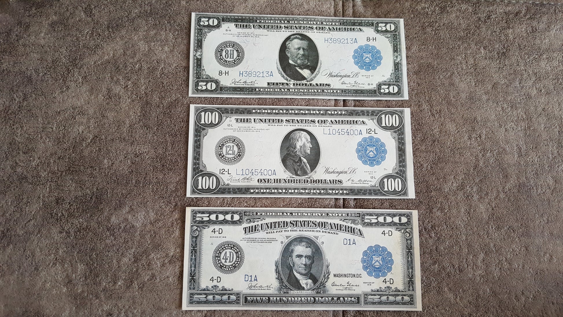 US 50 Dollar Grant, 100 Dollar Franklin, and 500 Dollar John Marshall 1914-1918 Series blue seal Federal Reserve Notes front