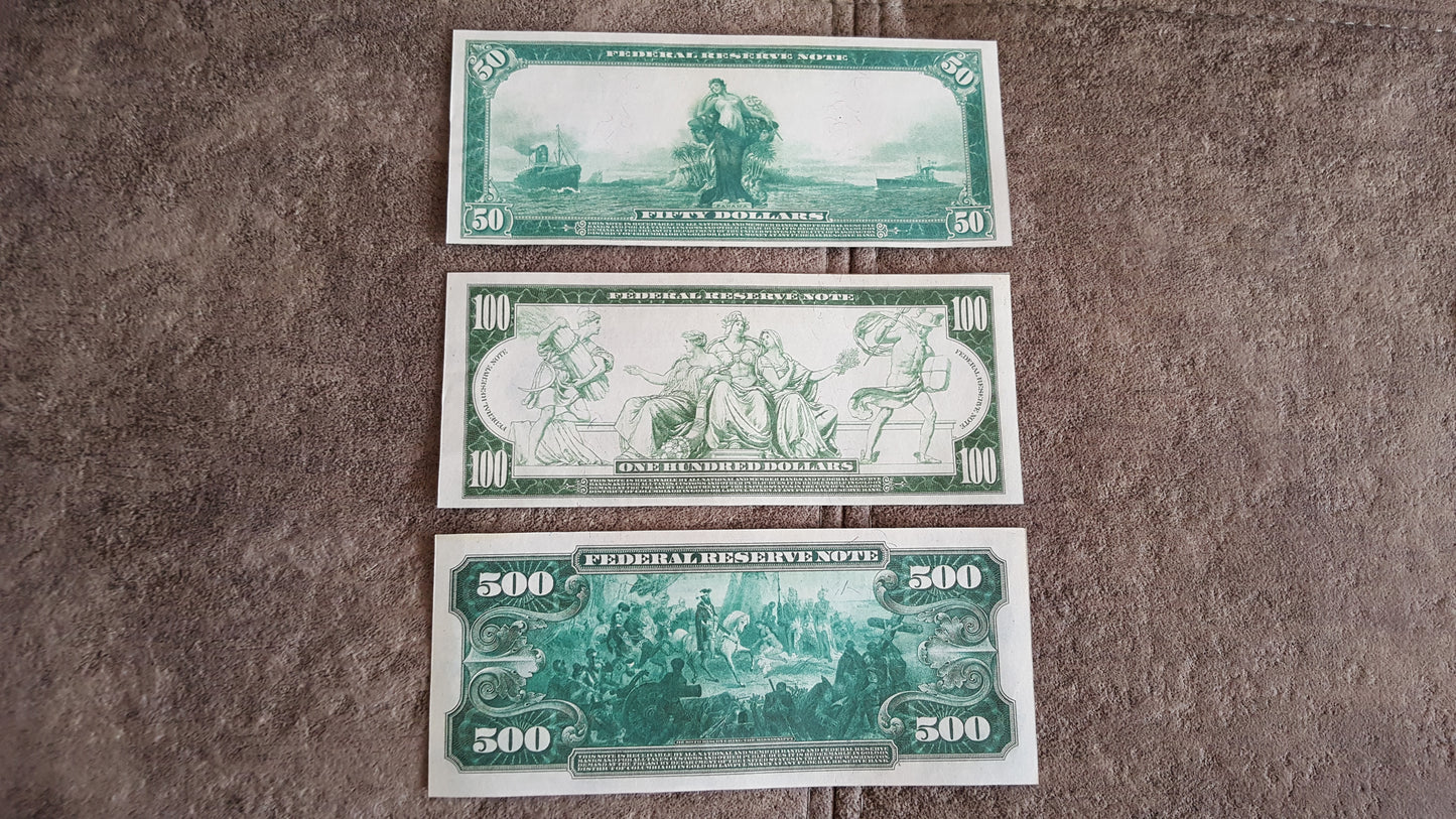 US 50, 100, and 500 Dollar 1914-1918 Series Federal Reserve Notes reverse greenback view