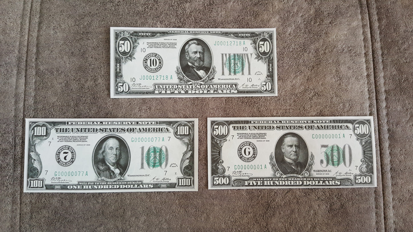 US 50 Dollar Grant, 100 Dollar Franklin, and 500 Dollar McKinley 1928 Federal Reserve Notes front