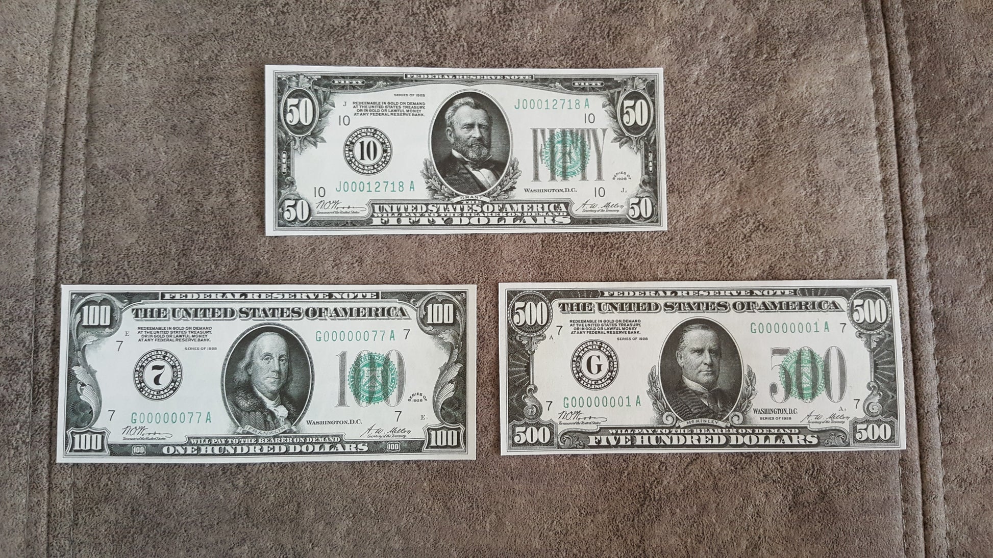 US 50 Dollar Grant, 100 Dollar Franklin, and 500 Dollar McKinley 1928 Federal Reserve Notes front