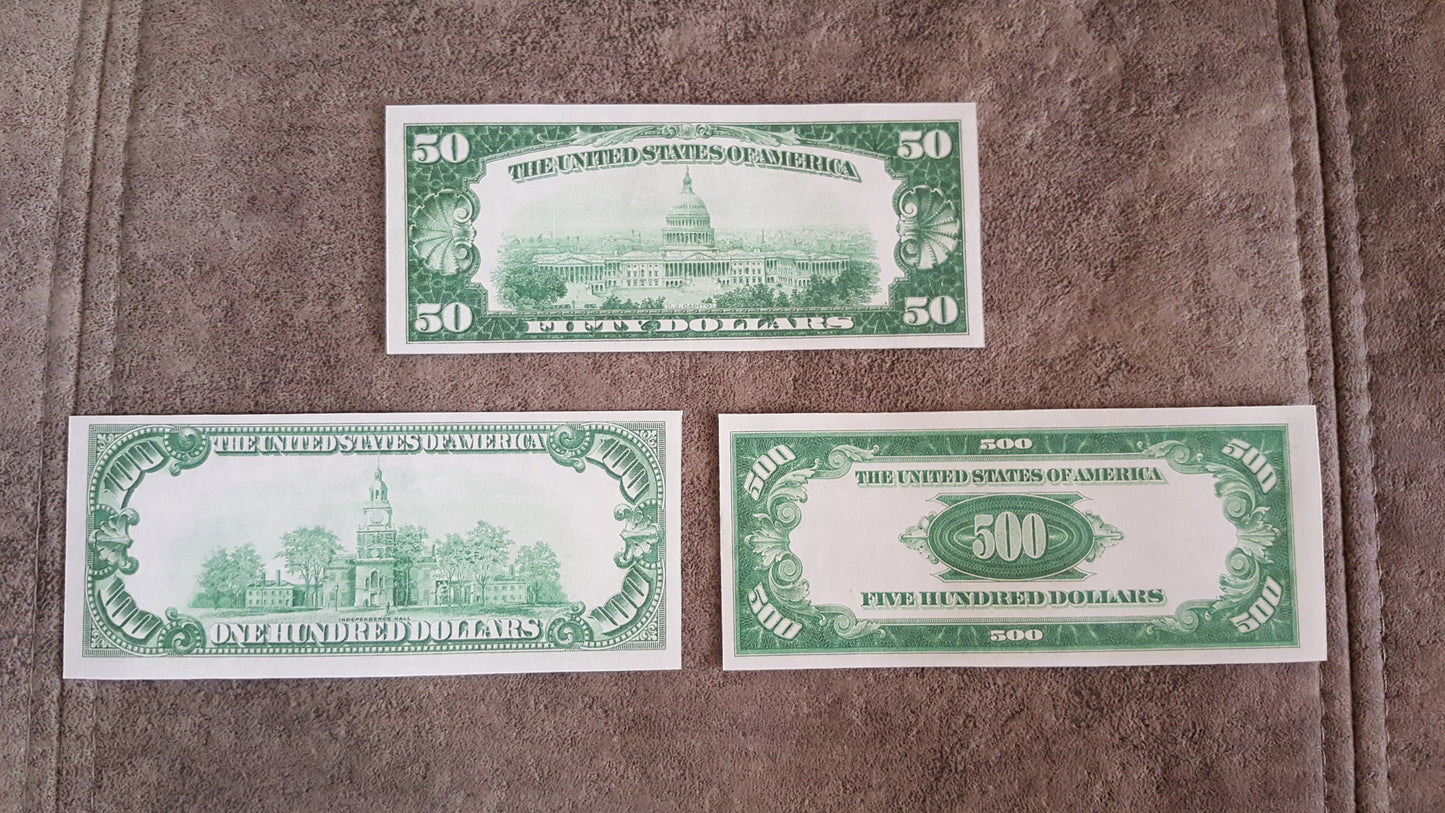 US 50, 100, and 500 Dollar 1928 Federal Reserve Notes reverse greenback view