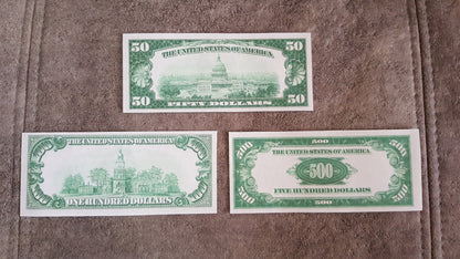 US 50, 100, and 500 Dollar 1928 Federal Reserve Notes reverse greenback view