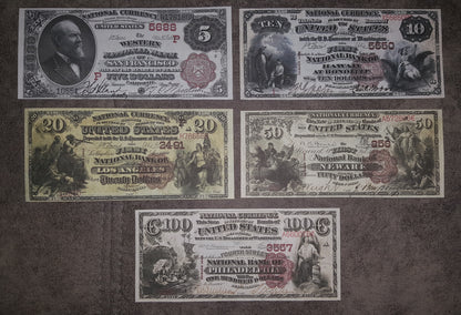 US 50 Dollar Washington and 100 Dollar John Sherman 1882-1902 Series National Bank Notes front