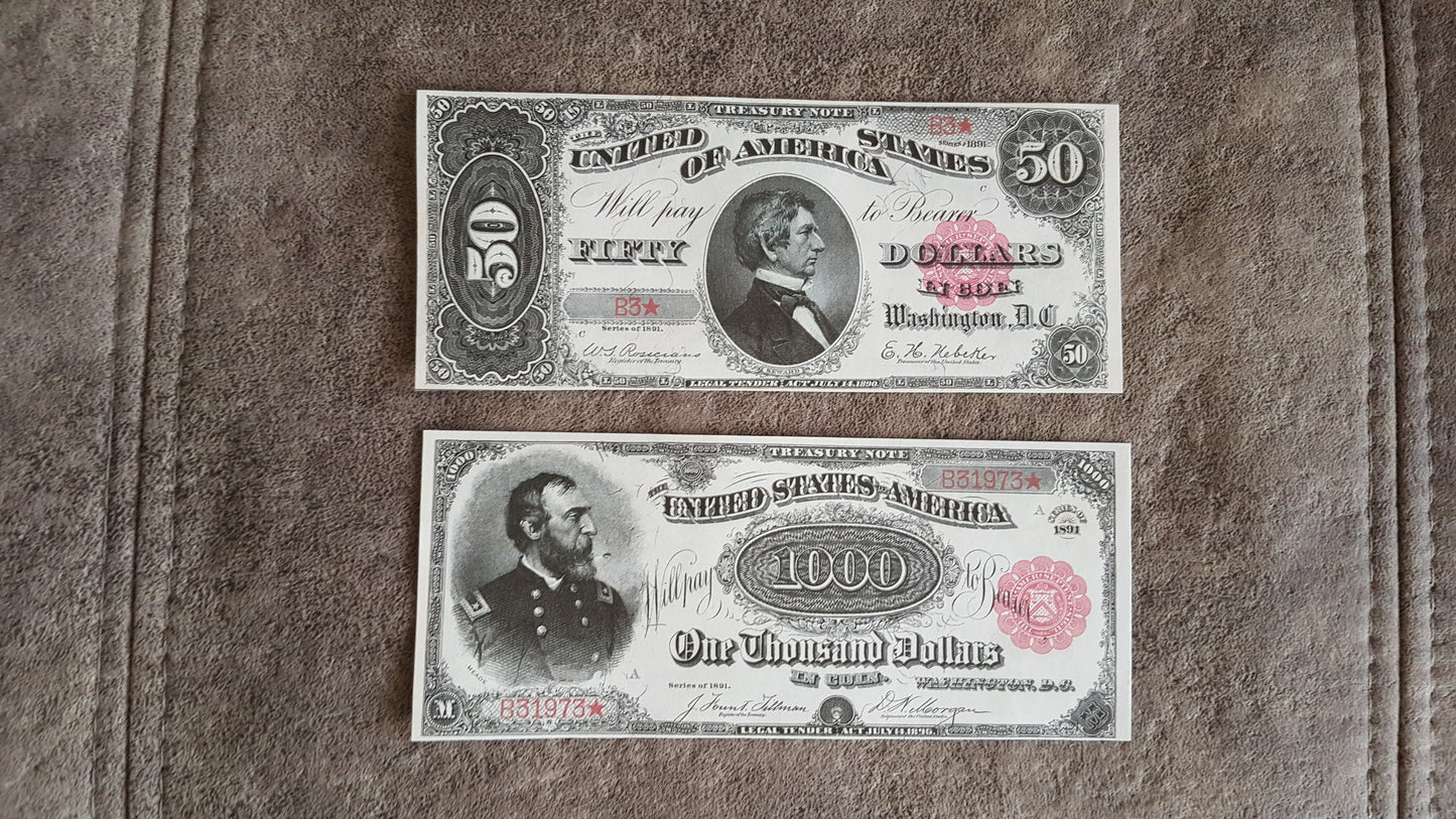 US high denomination 50 Dollar Seward and 1000 Dollar Meade 1891 Series Treasury Coin Notes front