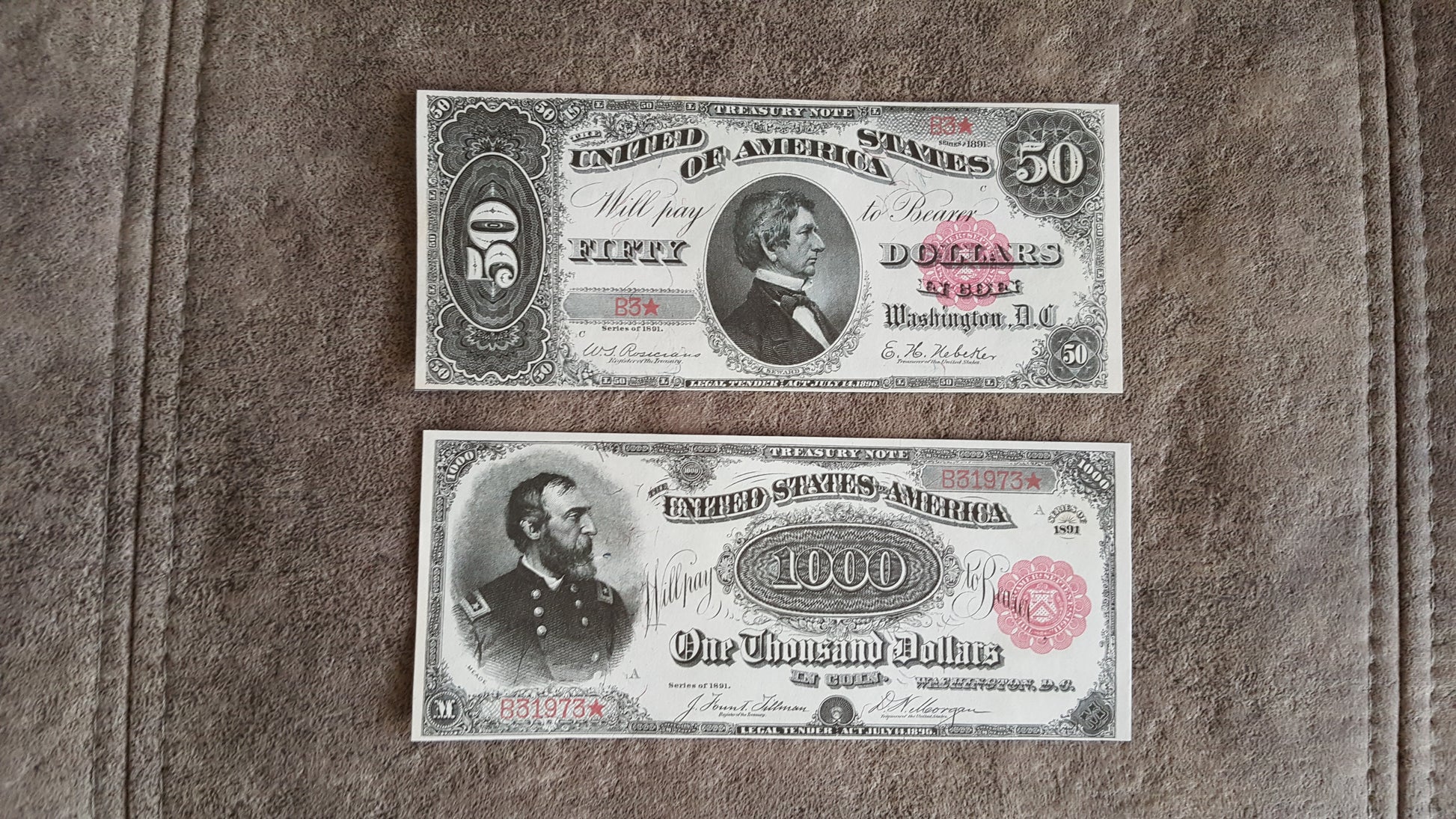 US high denomination 50 Dollar Seward and 1000 Dollar Meade 1891 Series Treasury Coin Notes front