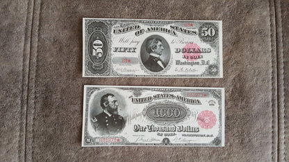 US high denomination 50 Dollar Seward and 1000 Dollar Meade 1891 Series Treasury Coin Notes front