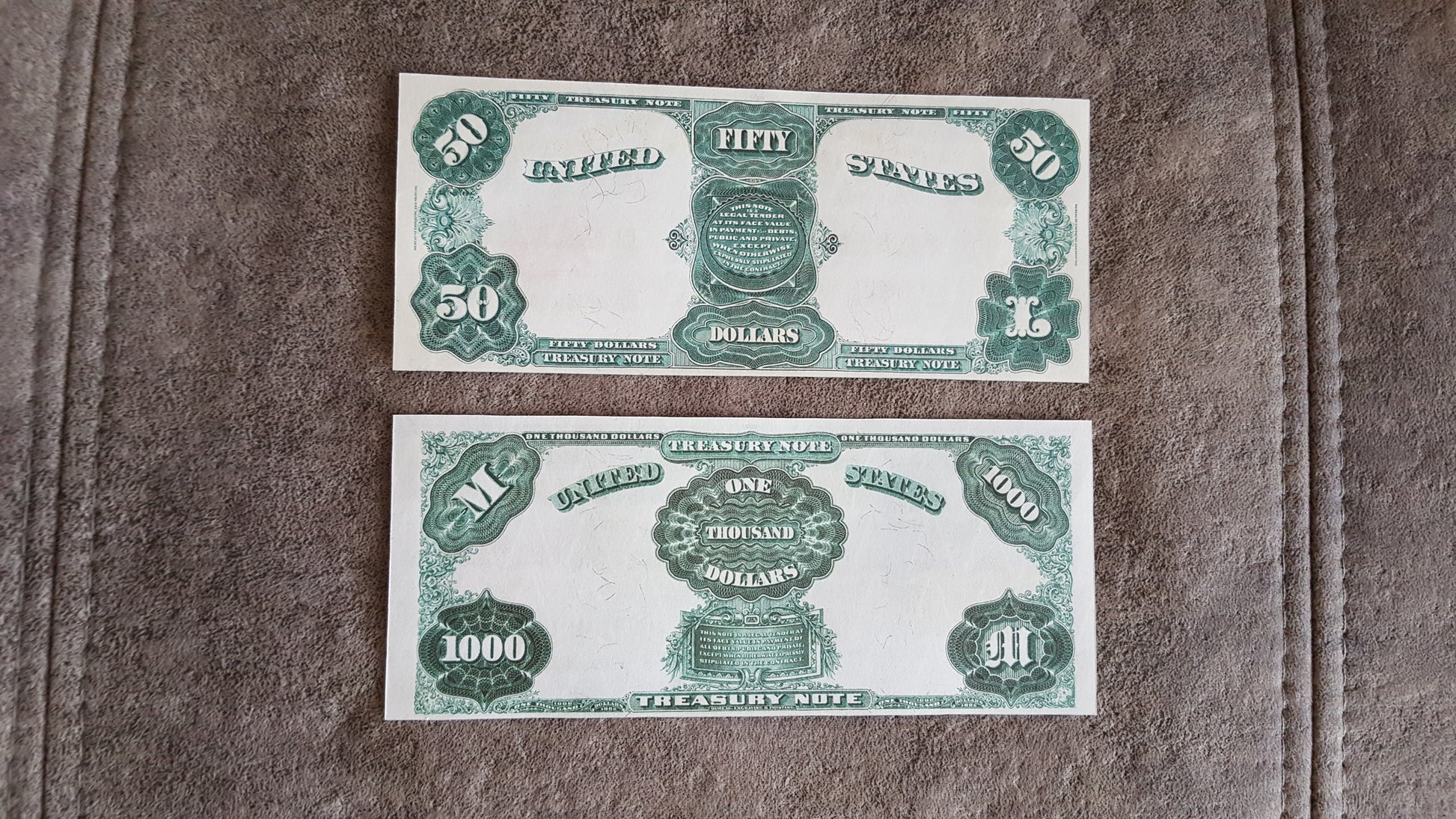 US 50 Dollar and 1000 Dollar 1891 Treasury Coin Notes reverse greenback view