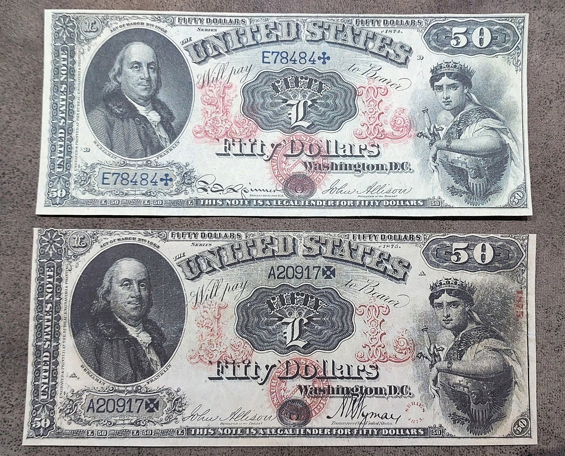 US 50 Dollar 1874 and 1875 Legal Tender historical notes front