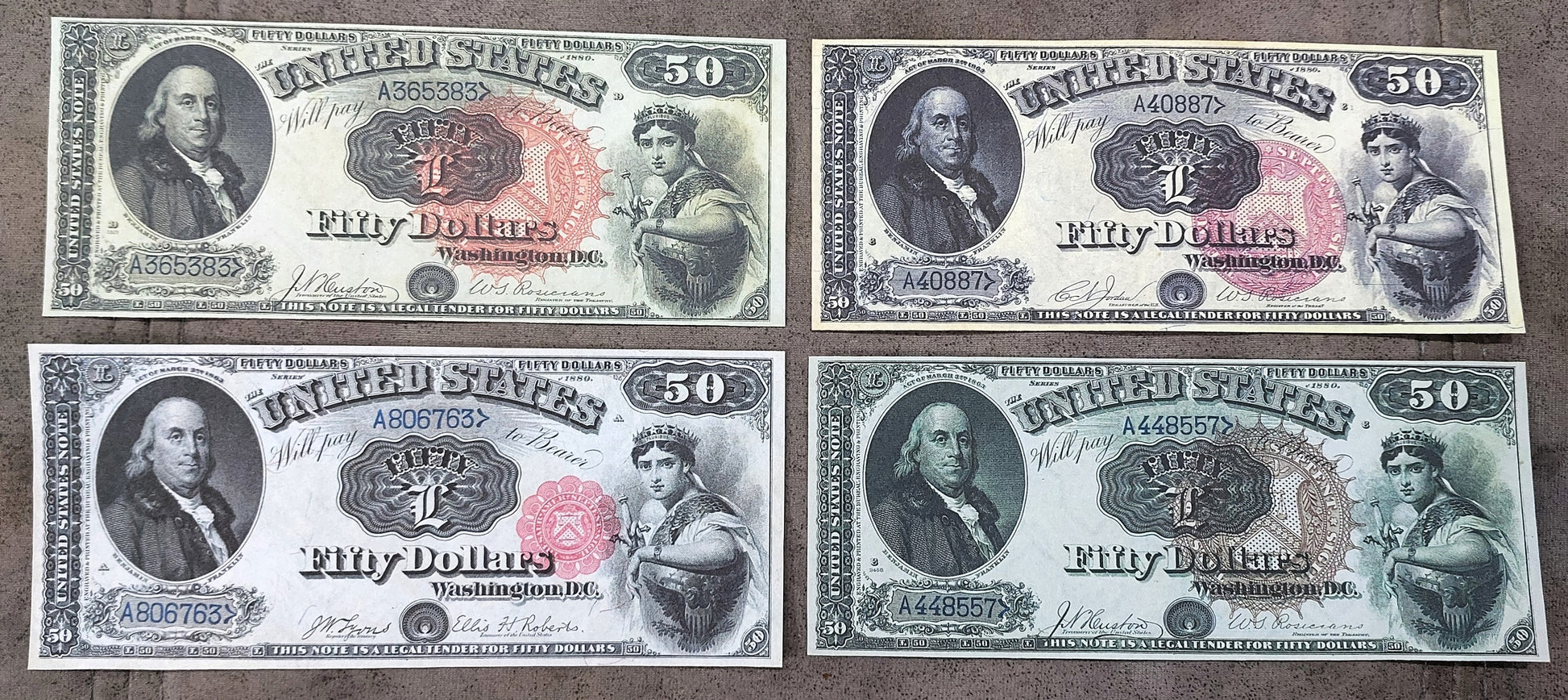 US 50 Dollar 1880 Legal Tender Benjamin Franklin historical currency notes with red and brown seals front