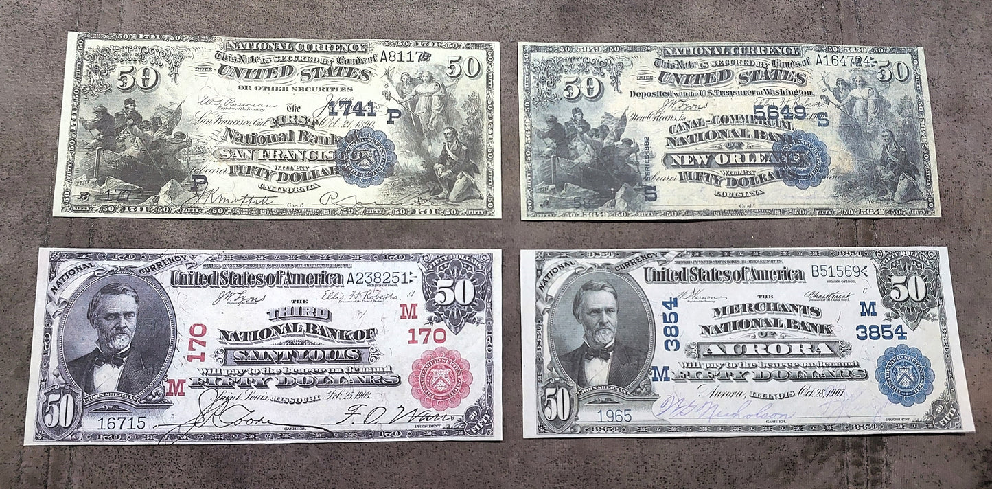 US 50 Dollar National Bank notes 1882-1927 Red Seal, Blue Seal & Type B front