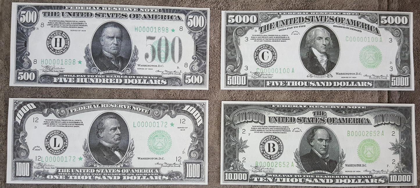 US high denomination 500 Dollar McKinley, 1000 Dollar Cleveland, 5000 Dollar Madison, and 10000 Dollar Chase 1934 Federal Reserve Notes front