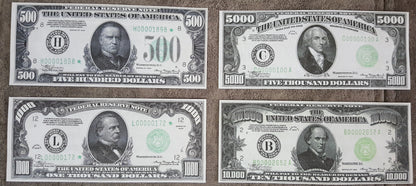 US high denomination 500 Dollar McKinley, 1000 Dollar Cleveland, 5000 Dollar Madison, and 10000 Dollar Chase 1934 Federal Reserve Notes front