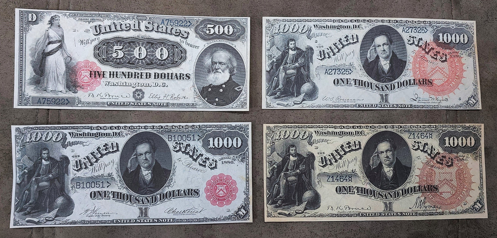 US 500 Dollar Mansfield and 1000 Dollar DeWitt Clinton 1880 rare Legal Tender high denomination notes front