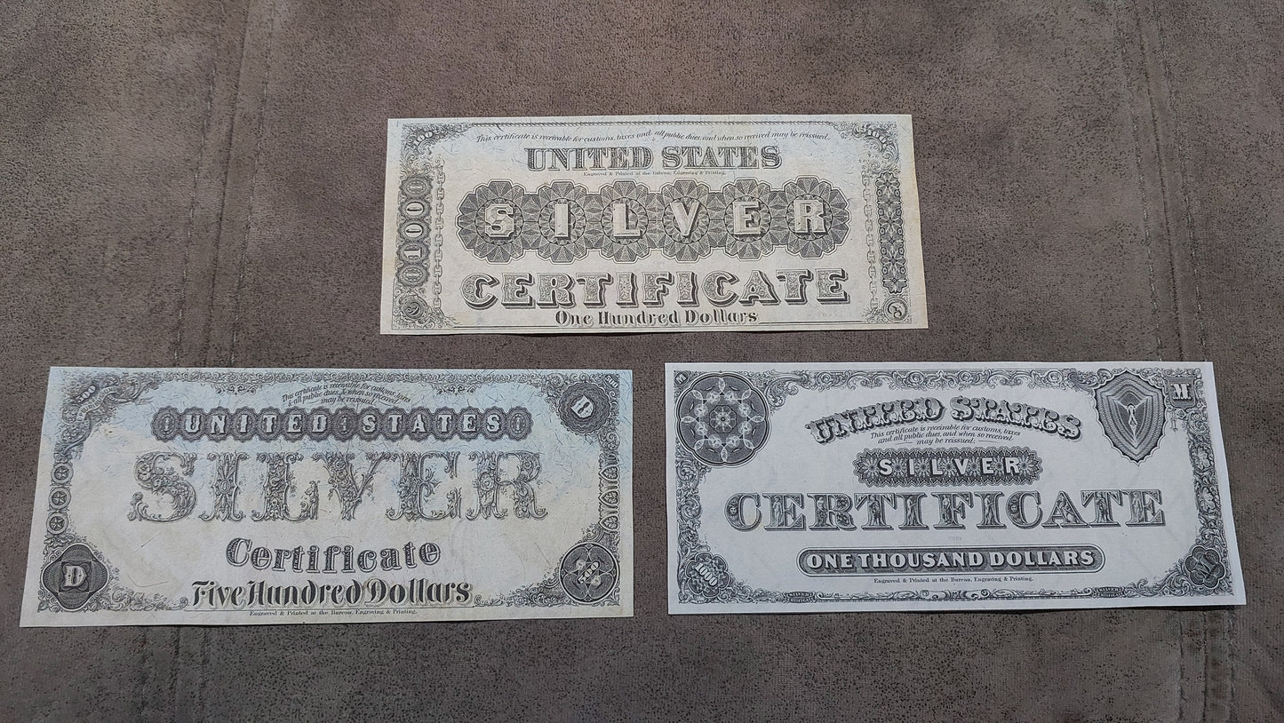 US 500 Dollar and 1000 Dollar 1878 rare Silver Certificate historical notes back