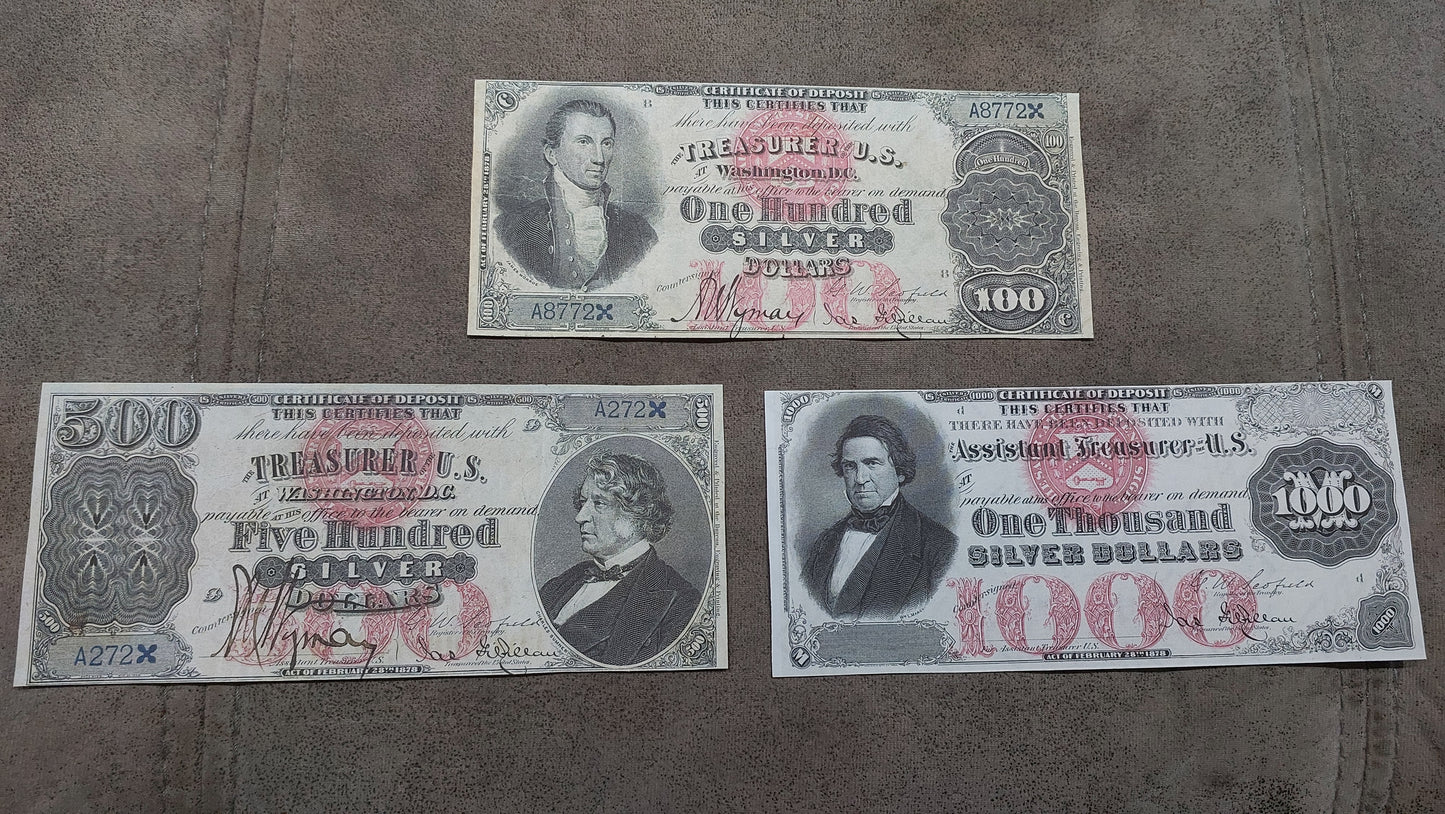 US 500 Dollar and 1000 Dollar 1878 rare Silver Certificate historical notes front