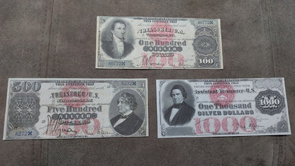 US 500 Dollar and 1000 Dollar 1878 rare Silver Certificate historical notes front