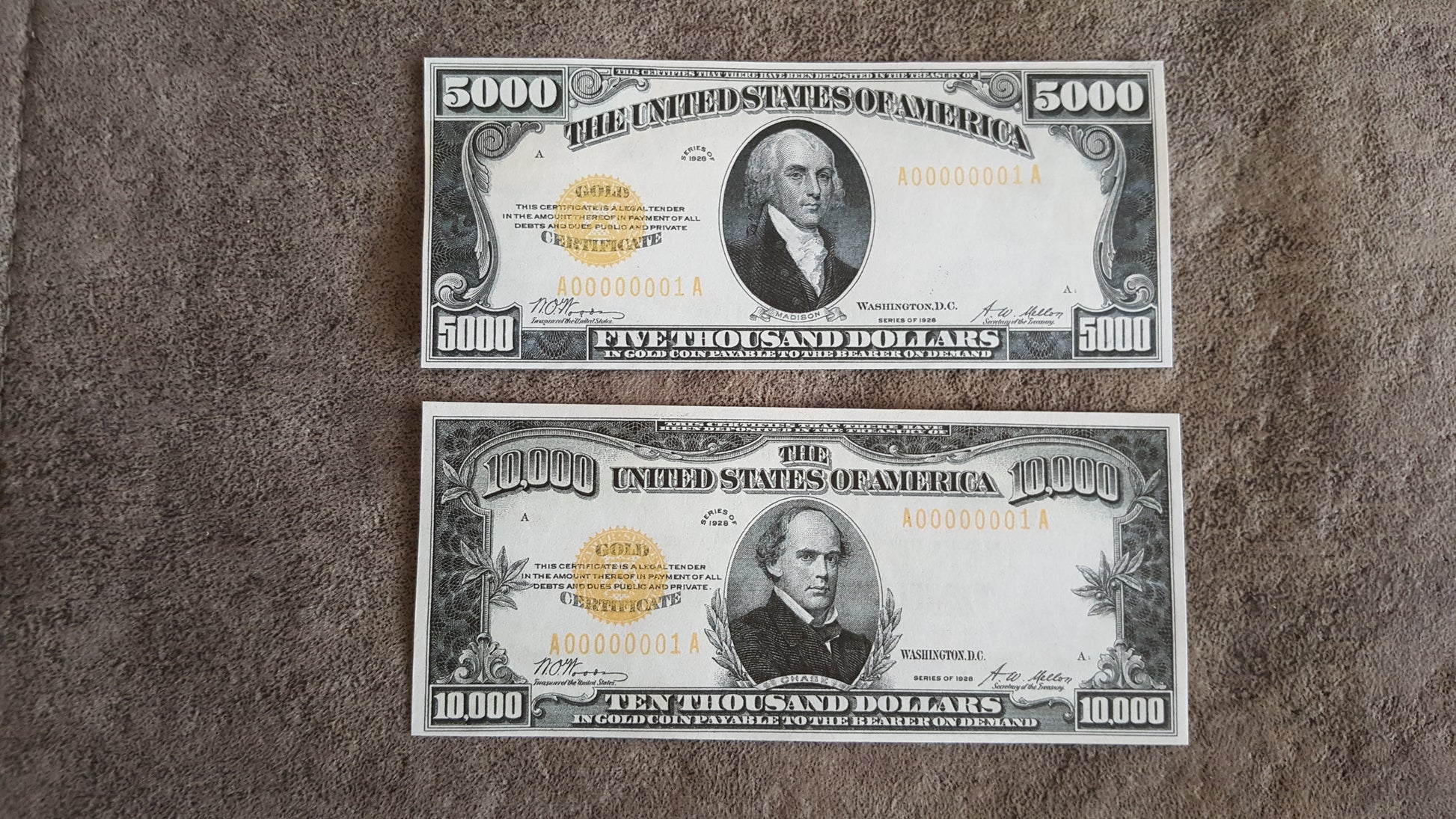 US ultra high denomination 5000 Dollar Madison and 10000 Dollar Chase 1928 Gold Certificates front