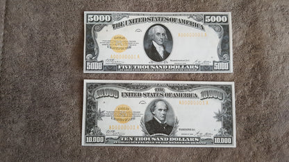 US ultra high denomination 5000 Dollar Madison and 10000 Dollar Chase 1928 Gold Certificates front