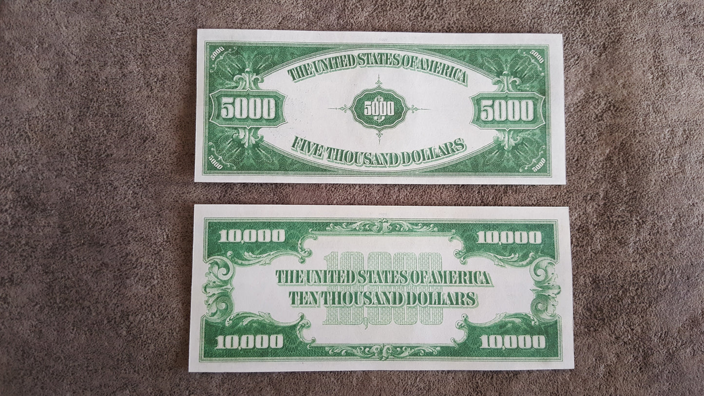 US 5000 Dollar and 10000 Dollar 1928 Gold Certificates reverse greenback view