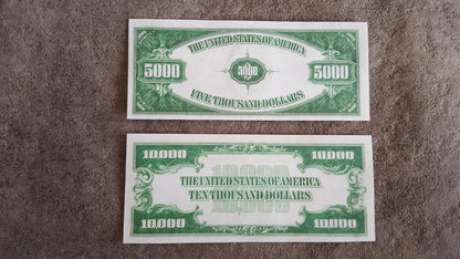 US 5000 Dollar and 10000 Dollar 1928 Gold Certificates reverse greenback view
