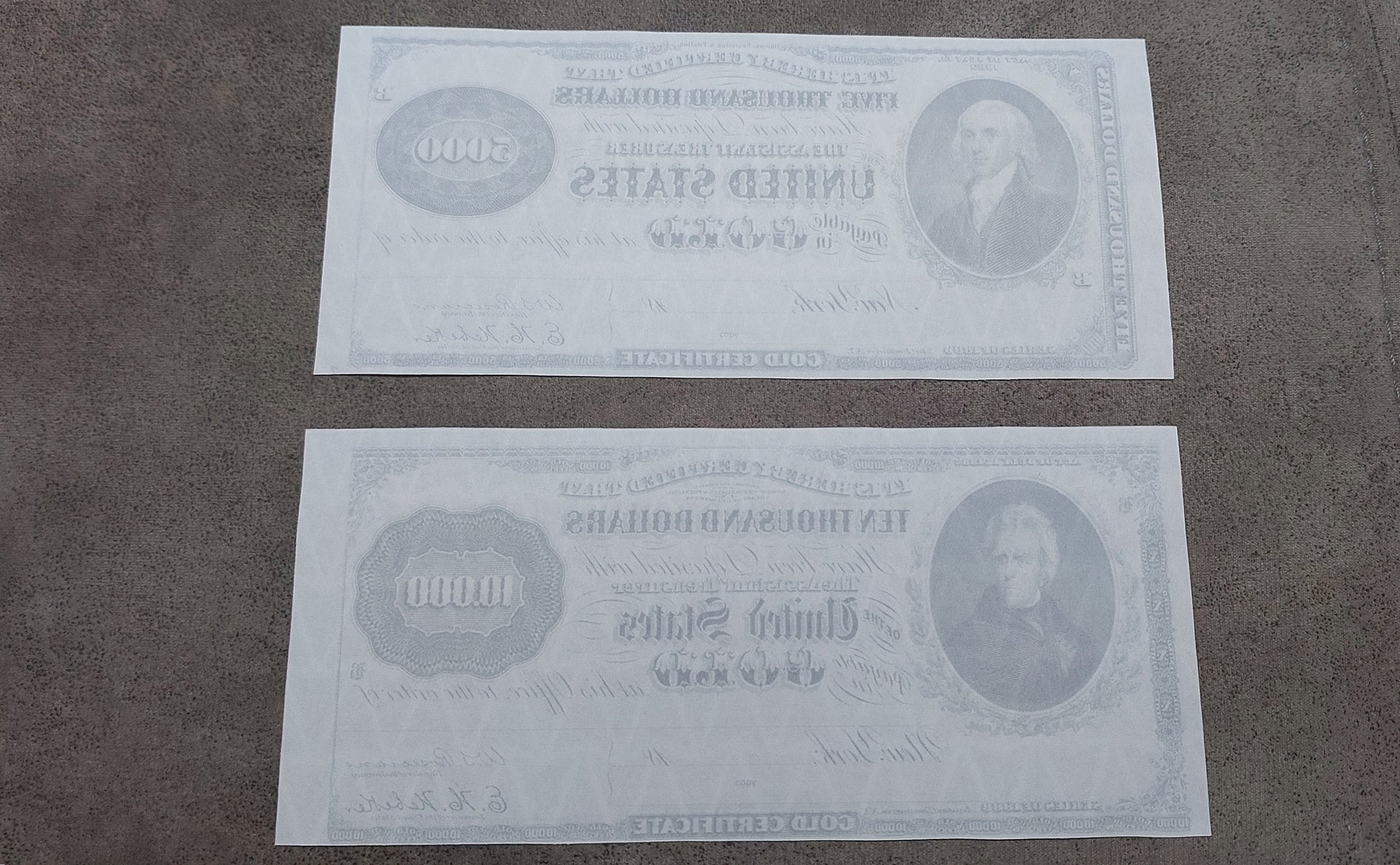 US 5000 Dollar and 10000 Dollar 1888 Gold Certificate historical banknotes reverse side view