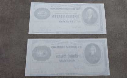 US 5000 Dollar and 10000 Dollar 1888 Gold Certificate historical banknotes reverse side view