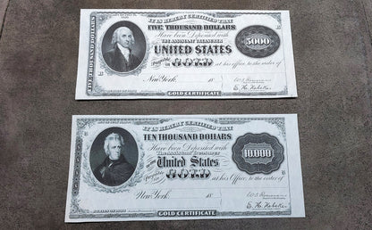 US 5000 Dollar and 10000 Dollar 1888 Gold Certificate rare high denomination historical currency notes front