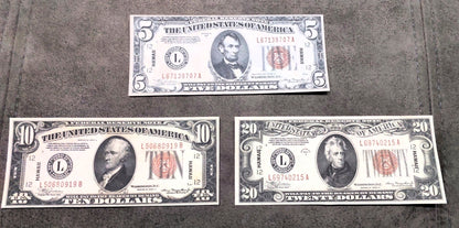 US WWII Hawaii overprint 5, 10, and 20 Dollar 1934A brown seal emergency currency notes 