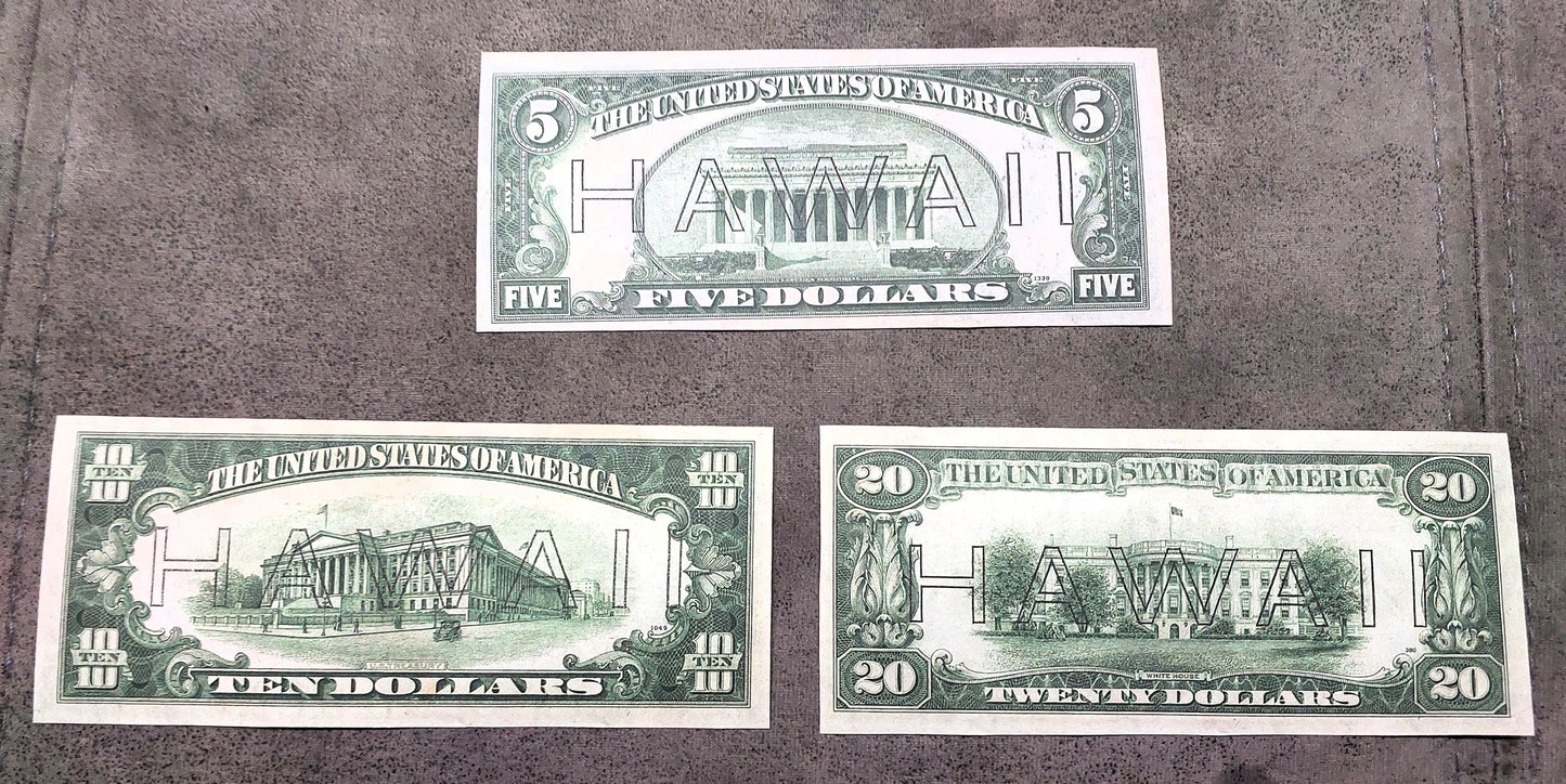 US WWII Hawaii overprint 5, 10, and 20 Dollar 1934A brown seal emergency currency notes back