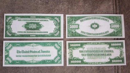 US 500, 1000, 5000, and 10000 Dollar 1934 Federal Reserve Notes reverse greenback view