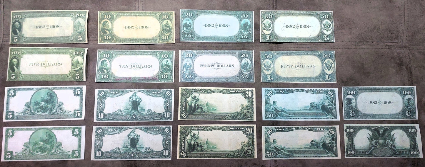 US National Bank notes 1882-1927 Date Back collection set - reverse side view