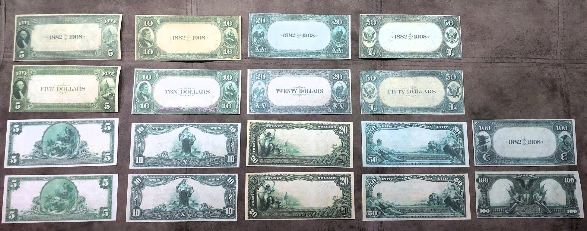US National Bank notes 1882-1927 Date Back collection set - reverse side view
