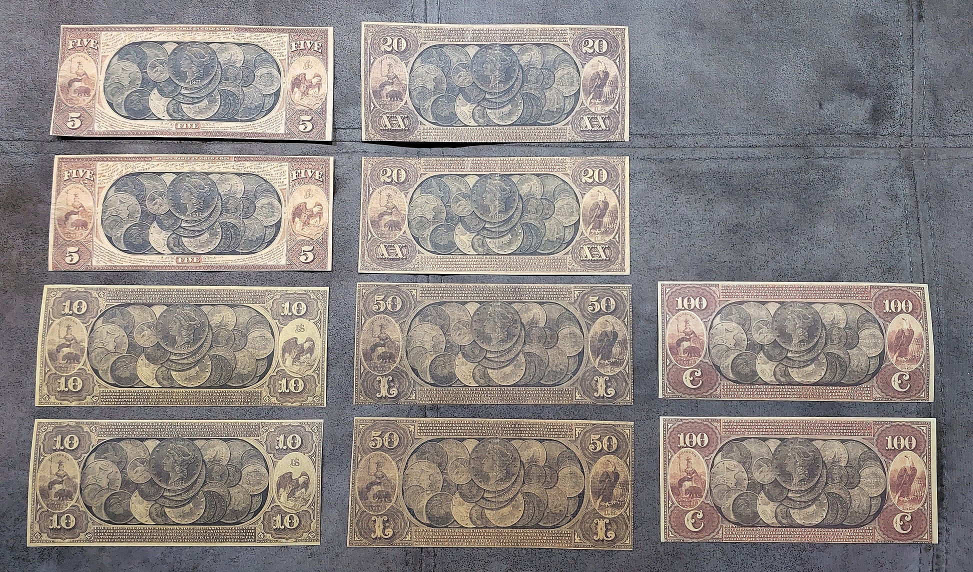 Rare US National Gold Bank Notes 1870 California series featuring gold coins reverse side view