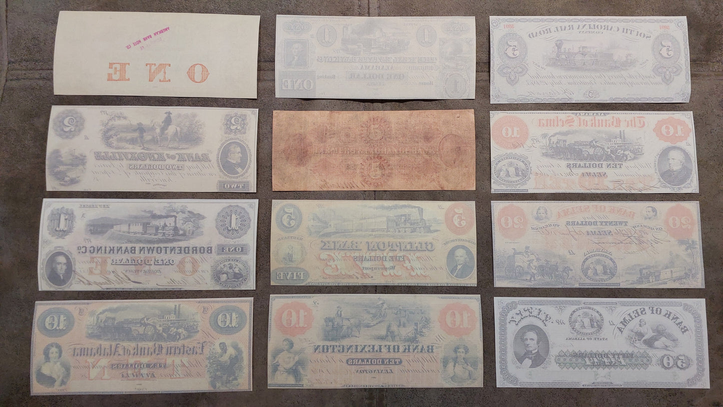 Rare US obsolete currency notes 1833-1873 set B - reverse side view