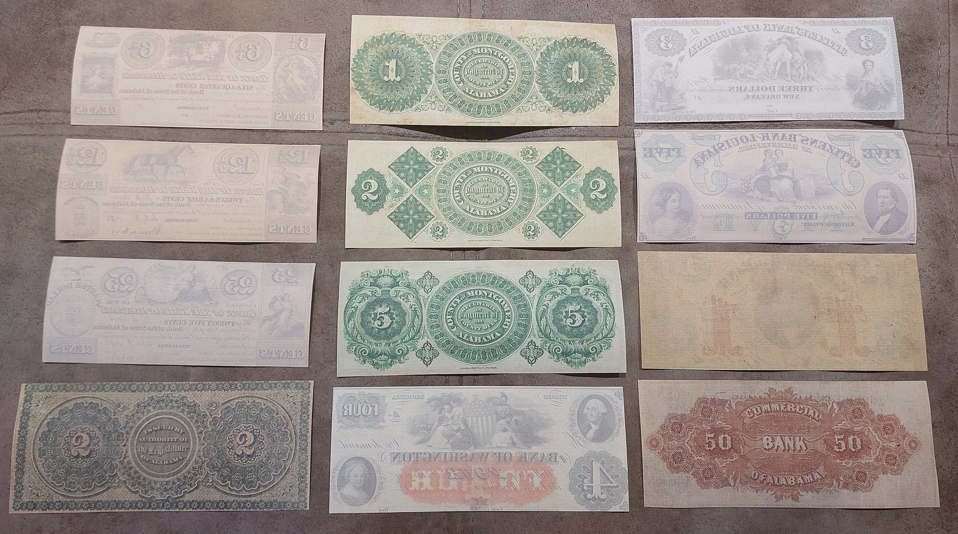 Rare US obsolete currency notes 1838-1867 set C - reverse side view