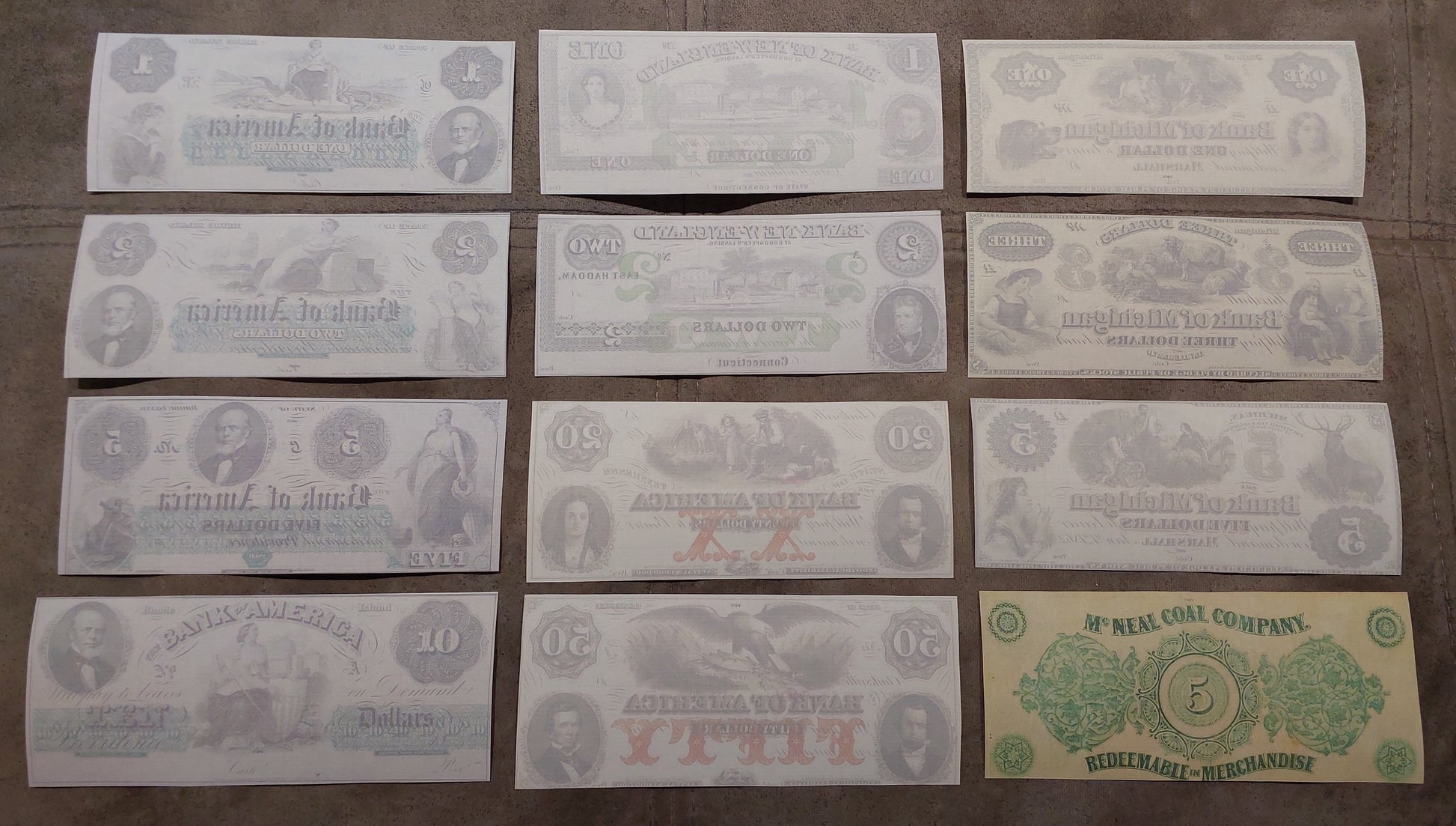 Rare US obsolete currency notes 1840-1862 set A - reverse side view