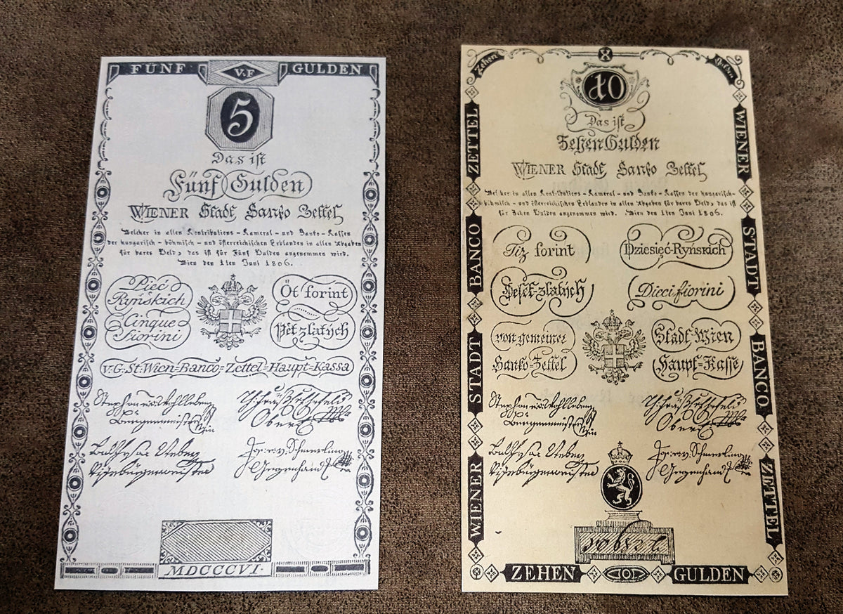  Obverse layout of the 1806 Austria issue Gulden Banco-Zettel banknotes. Features historic imperial era monochrome copperplate typography, ornate imperial crests, and distinct early central bank validation stamps.