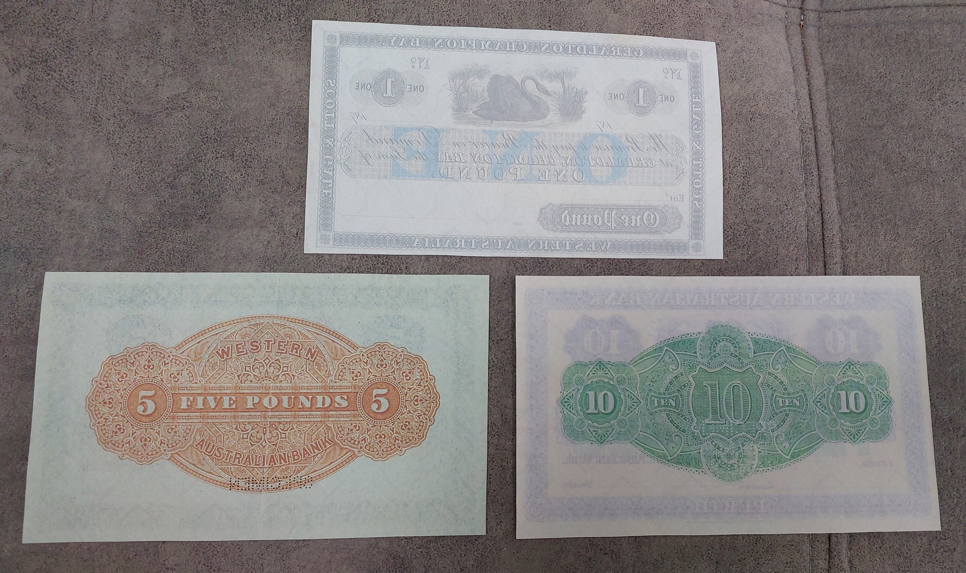 Western Australian Bank 1, 5 & 10 Pound Specimen banknotes reverse side
