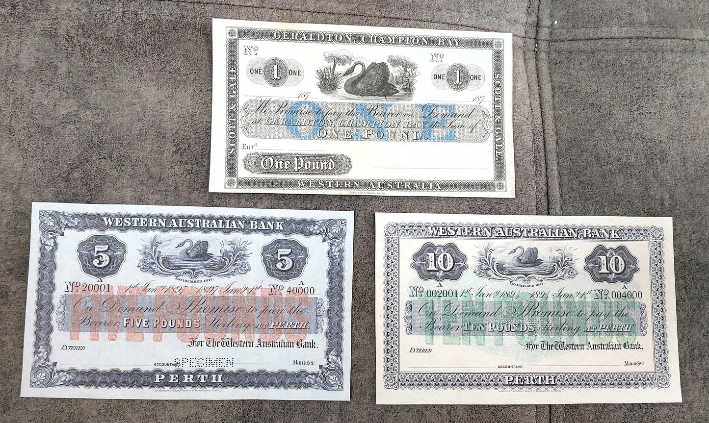 Western Australian Bank 1 Pound 1870, 5 Pound 1897 & 10 Pound 1894 Specimen front
