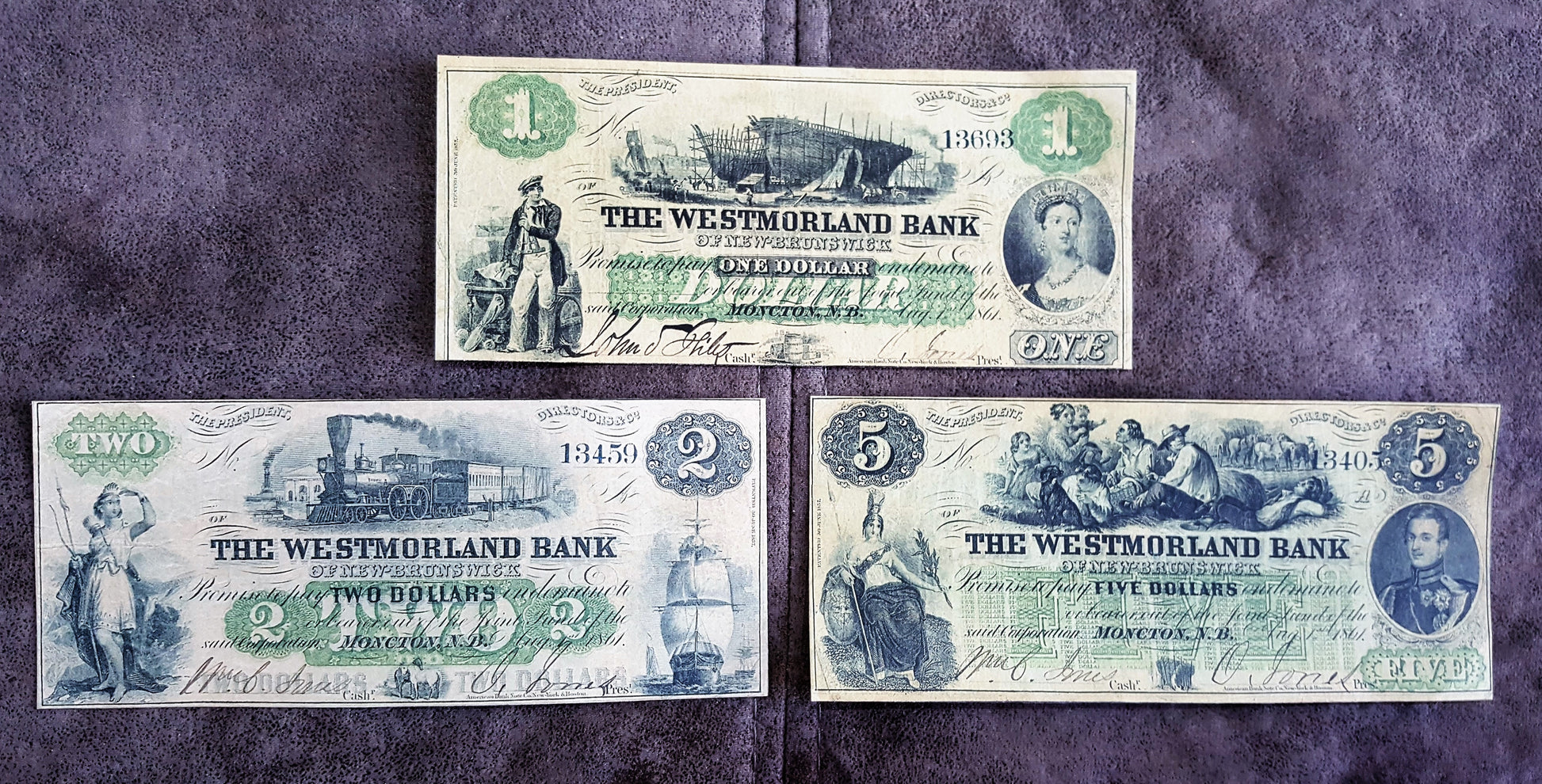 Westmorland Bank 1, 2 and 5 Dollar 1861 Series Historic Specimen Notes