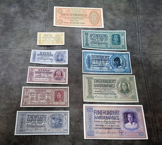 WWII Ukraine German Occupation Banknotes Complete 10 Items Collection 1941-1942